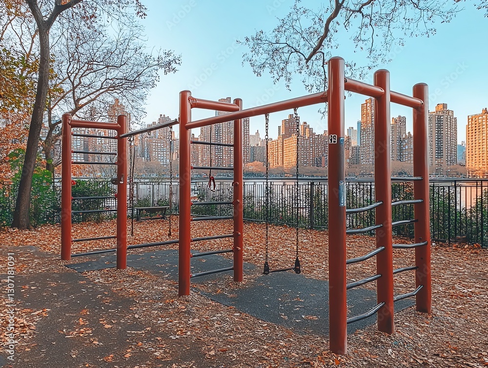 Fototapeta premium Empty Playground by the River with City Skyline View in Autumn