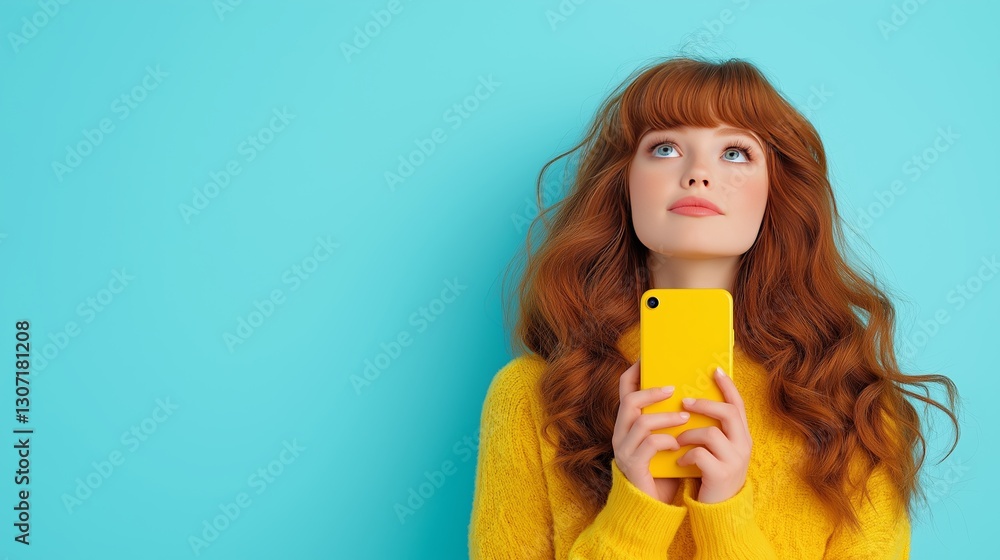 A thoughtful young woman with vibrant red hair, wearing a stylish yellow sweater, holding a bright yellow phone against a pastel blue background A thoughtful young woman with vibrant red hair, wearing a stylish yellow sweater, holding a bright yellow phone against a pastel blue background