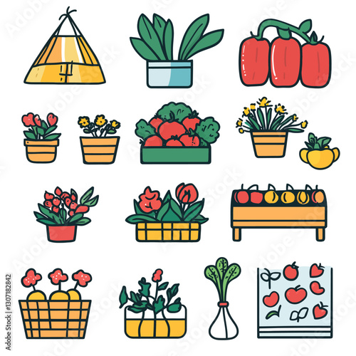 Cute vector illustration of fruits, vegetables, and plants arrangements