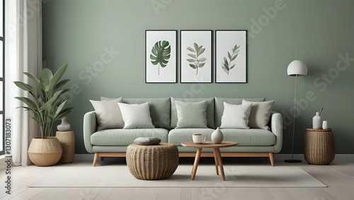 Elegant composition of living room interior. Modern scandi sofa, design pillows, side table, rattan commode and creative personal accessories. Sage green wall