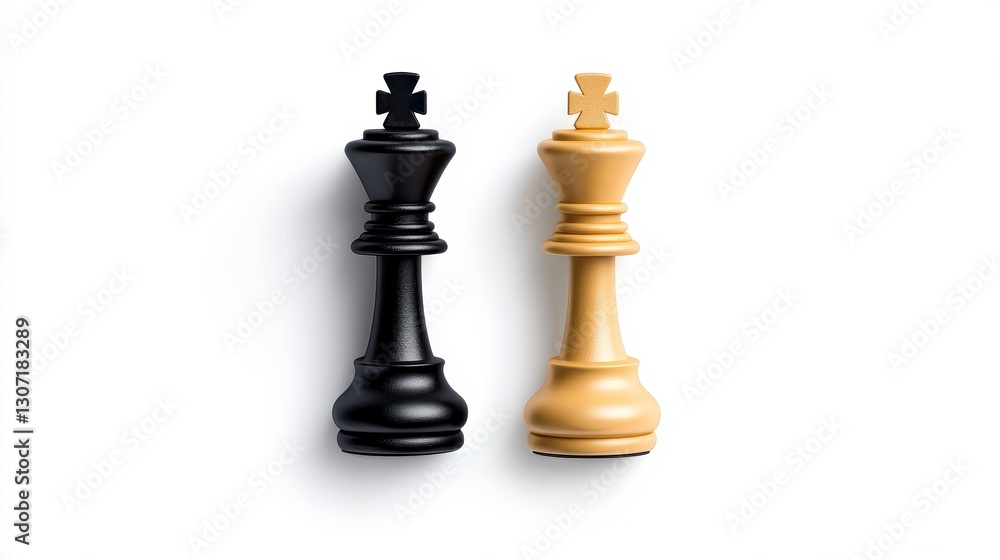 Black and beige chess kings stand side by side against a bright white background. Overhead shot. Black and beige chess kings stand side by side against a bright white background. Overhead shot.