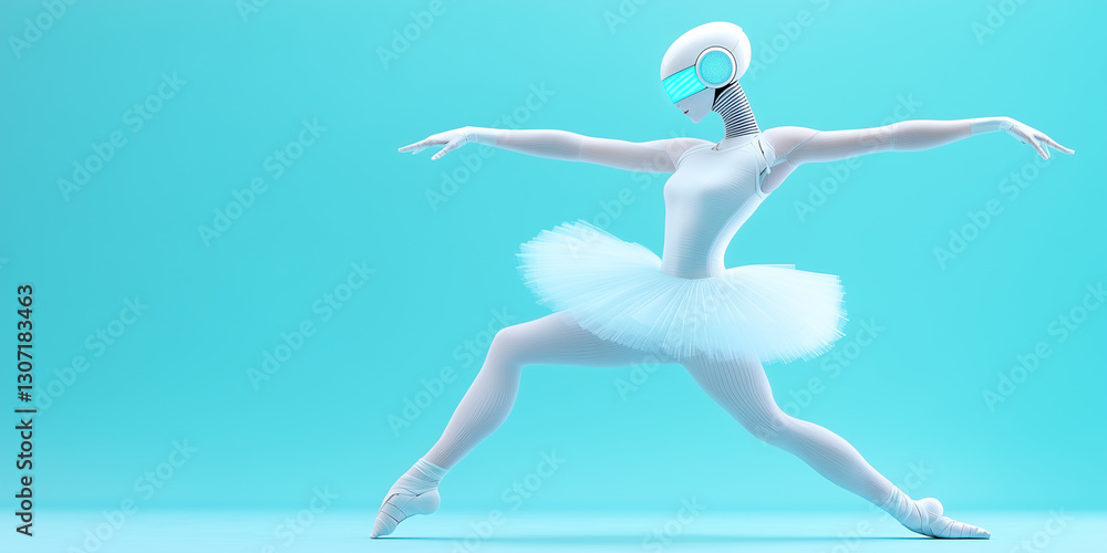 Futuristic ballerina AI robot performing a graceful dance against a vibrant blue backdrop Futuristic ballerina AI robot performing a graceful dance against a vibrant blue backdrop