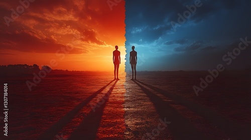 Divided society concept with two groups of people standing on opposite sides