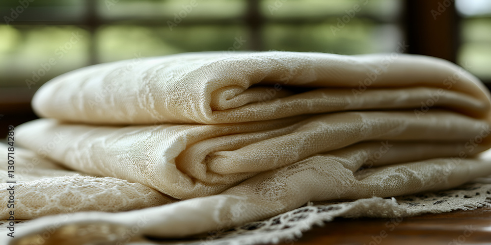 Fototapeta premium Delicate lace patterns in white tones create elegant textile display