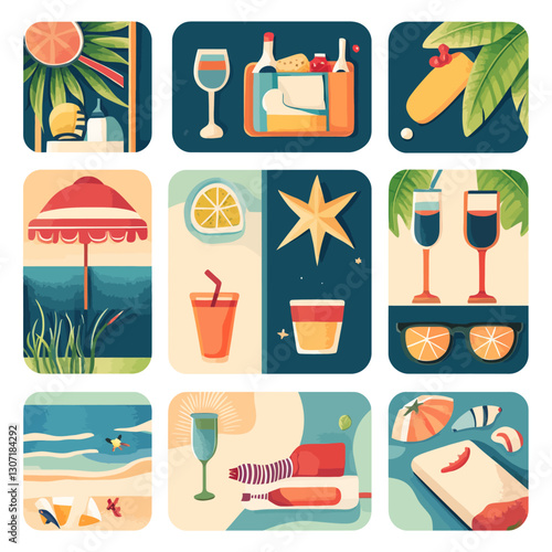 Summer beach holiday flat lay illustrations featuring drinks and leisure.