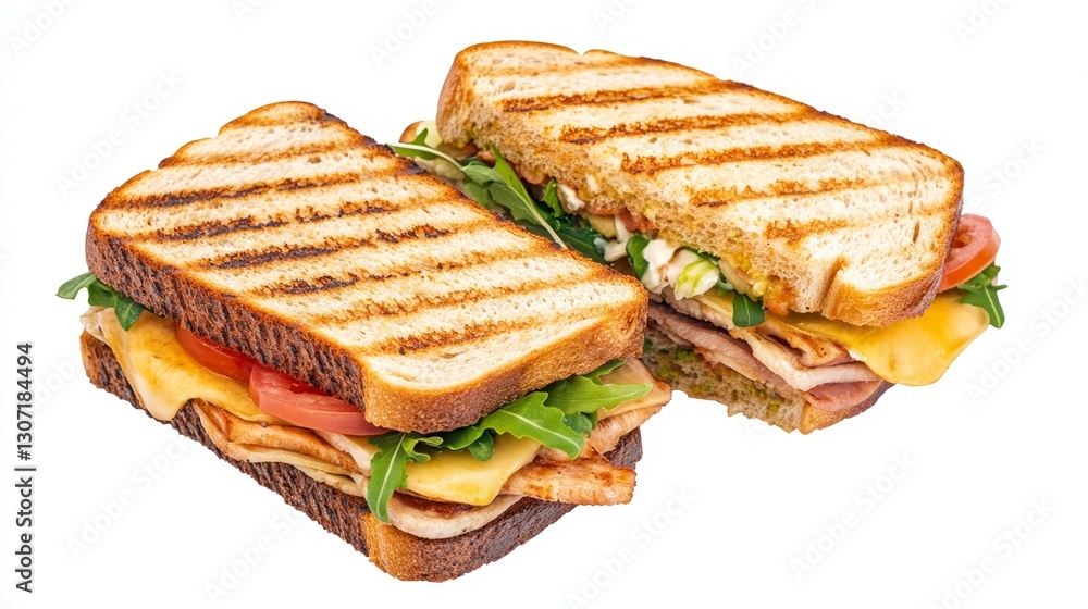 Two grilled sandwiches with cheese, tomato, and arugula on whole wheat bread, isolated on white background. Delicious and appetizing. Two grilled sandwiches with cheese, tomato, and arugula on whole wheat bread, isolated on white background. Delicious and appetizing.