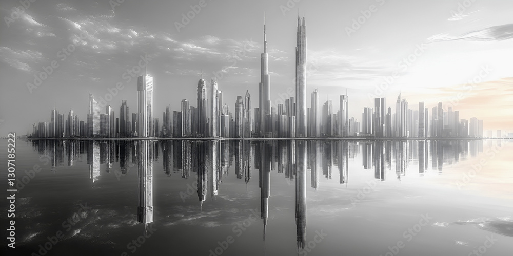 Fototapeta premium Minimalist city skyline in white tones with reflections on water