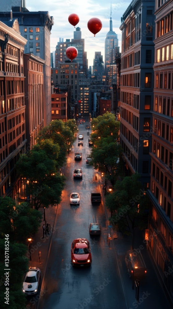 Fototapeta premium Urban evening scene with red balloons floating above busy city street