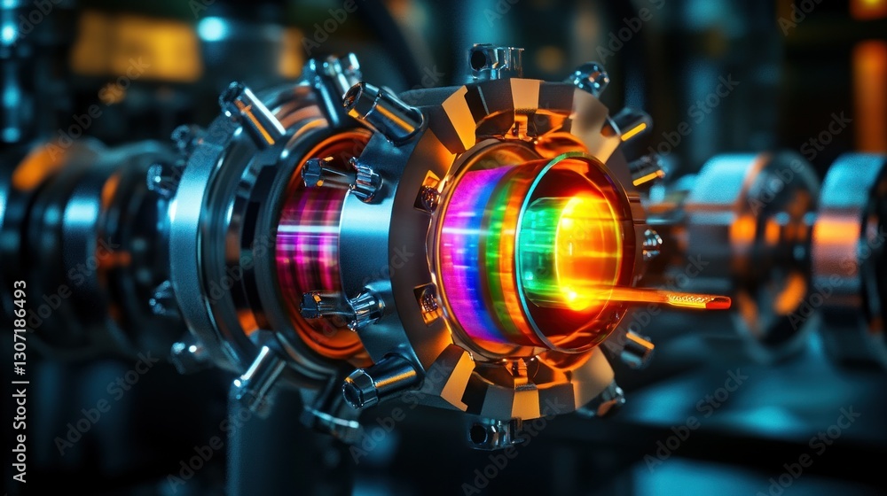 Obraz premium Intricate close-up of a futuristic energy core with vibrant colors and metallic details in a lab setting