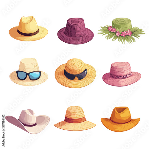 Assorted Colorful Straw Hats Collection Variety of Headwear Illustration
