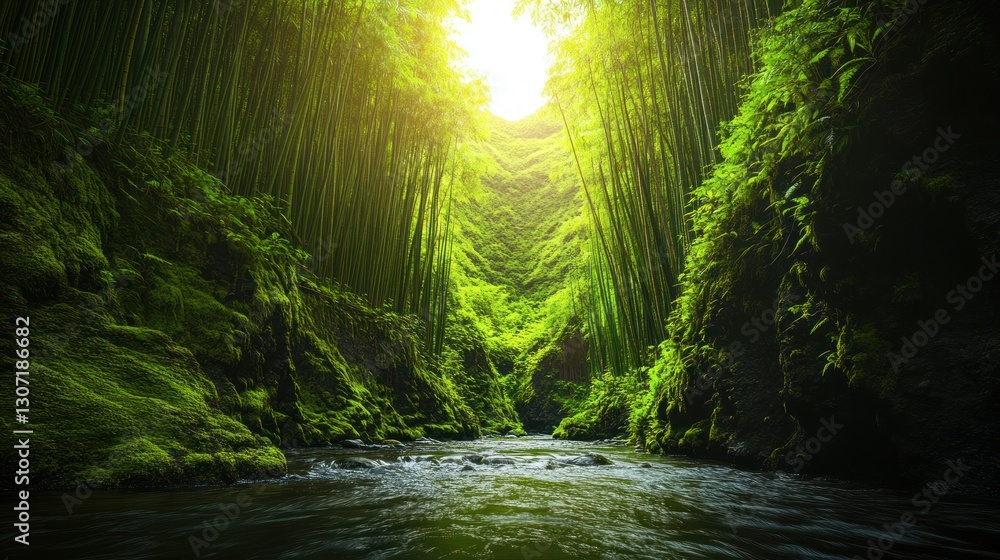 Fototapeta premium Lush bamboo forest with sunlight filtering through, reflecting on a serene river below