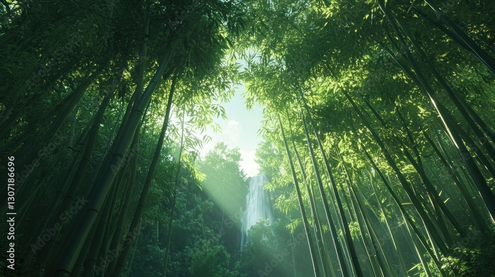 Fototapeta premium Lush bamboo forest with sunlight streaming through trees and a distant waterfall in background
