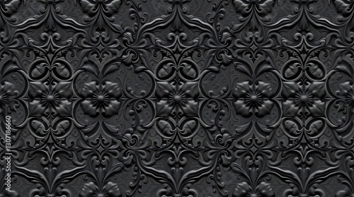 Elegant Floral Ornament: An elegant, seamless pattern with detailed floral motifs creates a captivating textural design, ideal for backgrounds and decorative applications.