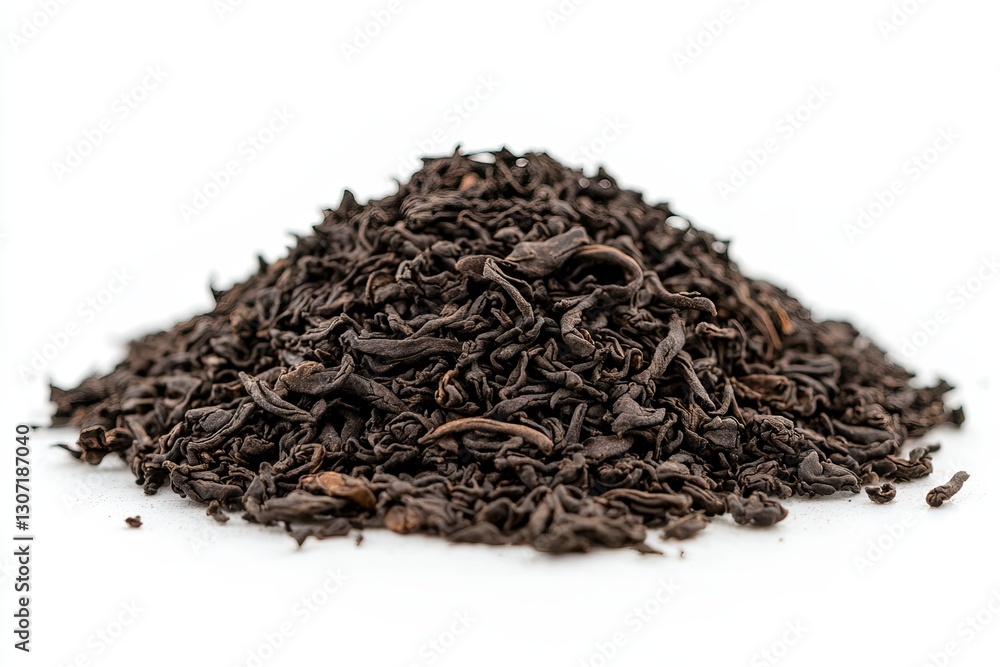 A neat, textured mound of premium loose black tea leaves, elegantly arranged on a pristine white background. A neat, textured mound of premium loose black tea leaves, elegantly arranged on a pristine white background.