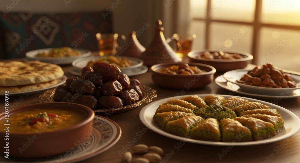 Fototapeta premium A vibrant spread of traditional desserts and snacks on a wooden table at sunset