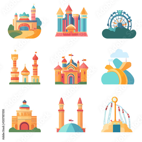 Colorful fairytale architecture elements on white background illustration