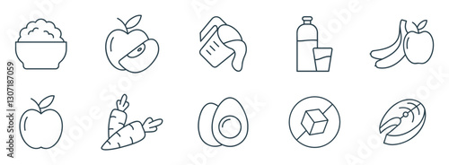 Healthy Food Line Icon Set. Vector Illustrations of Apple, Salmon, Eggs, Carrots, milk, and More Nutrition, Diet, and Balanced Eating