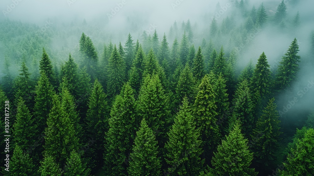 Fototapeta premium Misty Forest Canopy Aerial View