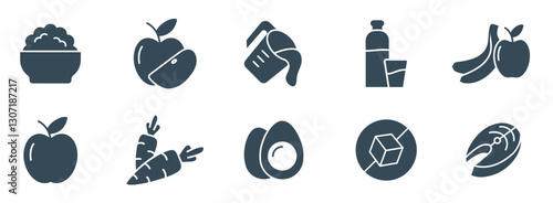 Healthy Food Solid Icon Set. Vector Illustrations of Apple, Salmon, Eggs, Carrots, Milk, Nutrition, Diet, and Balanced Eating