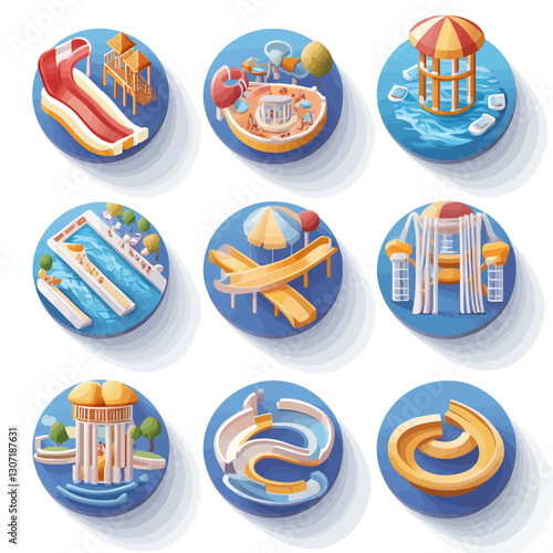 Water park icons featuring colorful slides and aquatic attractions