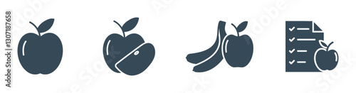Healthy Food Apple, Banana, and Diet Plan Solid Icon set. Vector illustration of Nutrition and Wellness