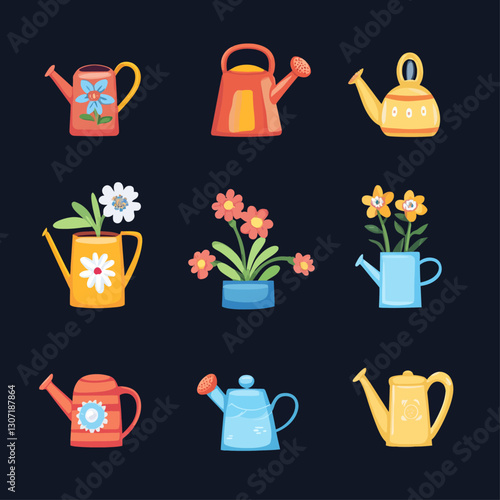 Colorful watering cans and flower arrangements create vibrant gardening scene