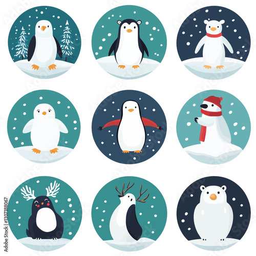 Cute winter animal icons including penguins and polar bears on snowy hills