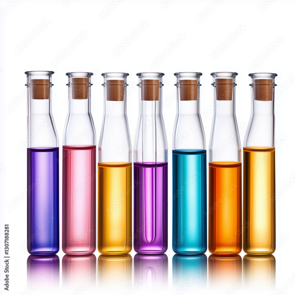 A set of transparent glass test tubes filled with colorful liquids A set of transparent glass test tubes filled with colorful liquids