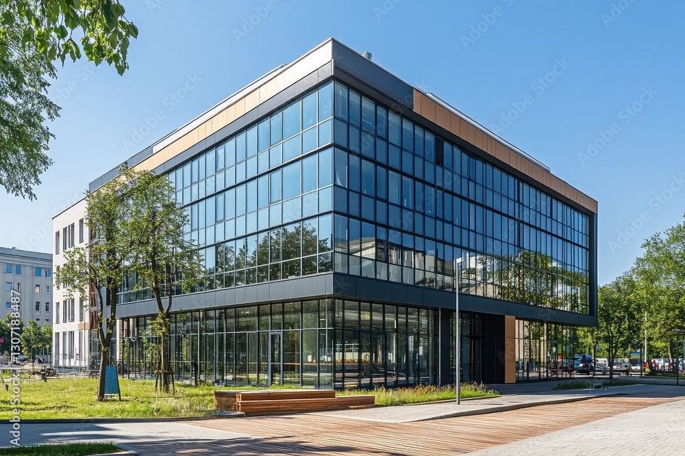 Fototapeta premium Spacious office with modern furniture and big window. AI generated illustration.