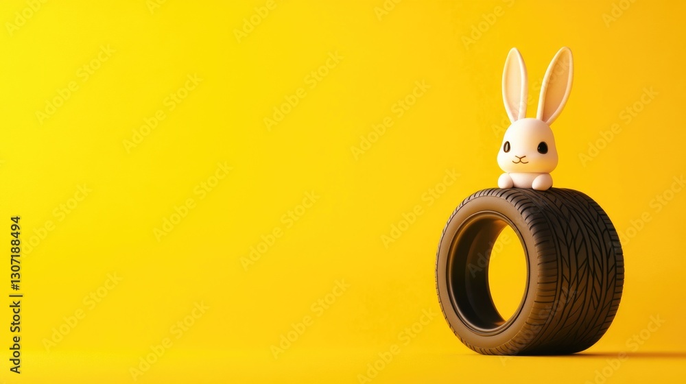Obraz premium Cute toy bunny on tire against bright yellow background. Easter, Pascha, Paskha, Ostern, Pascua, Paques - Orthodox and Catholic Holiday celebration