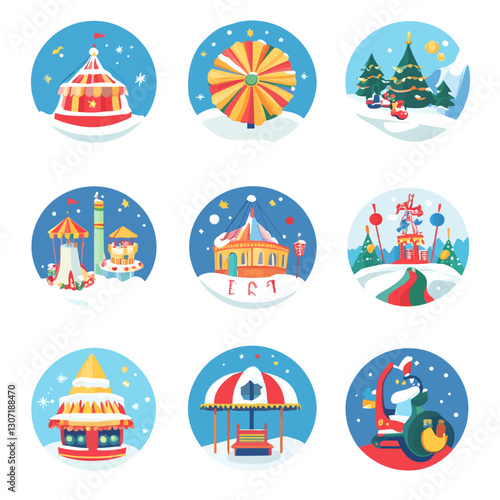 Whimsical Winter Carnival Set with Snow Covered Rides and Christmas Trees