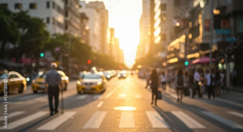 Busy urban street at sunset with pedestrians and taxis in motion