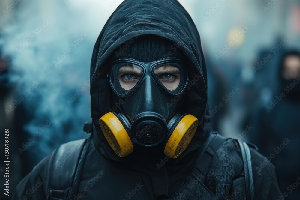 Hooded figure with a gas mask participating in a street protest, city in turmoil, intense expression, dark and gritty atmosphere, political unrest Hooded figure with a gas mask participating in a street protest, city in turmoil, intense expression, dark and gritty atmosphere, political unrest