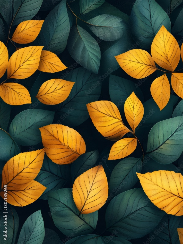 Golden and teal leaves creating a stunning autumnal pattern Golden and teal leaves creating a stunning autumnal pattern