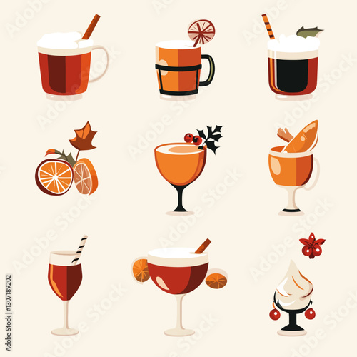 Festive Holiday Drinks Illustration with Mulled Wine and Seasonal Cocktails