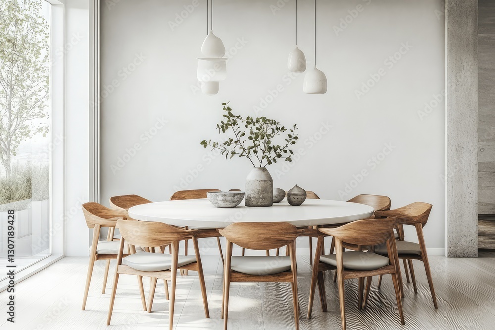 Fototapeta premium Stylish dining room with modern white table. AI generated illustration.
