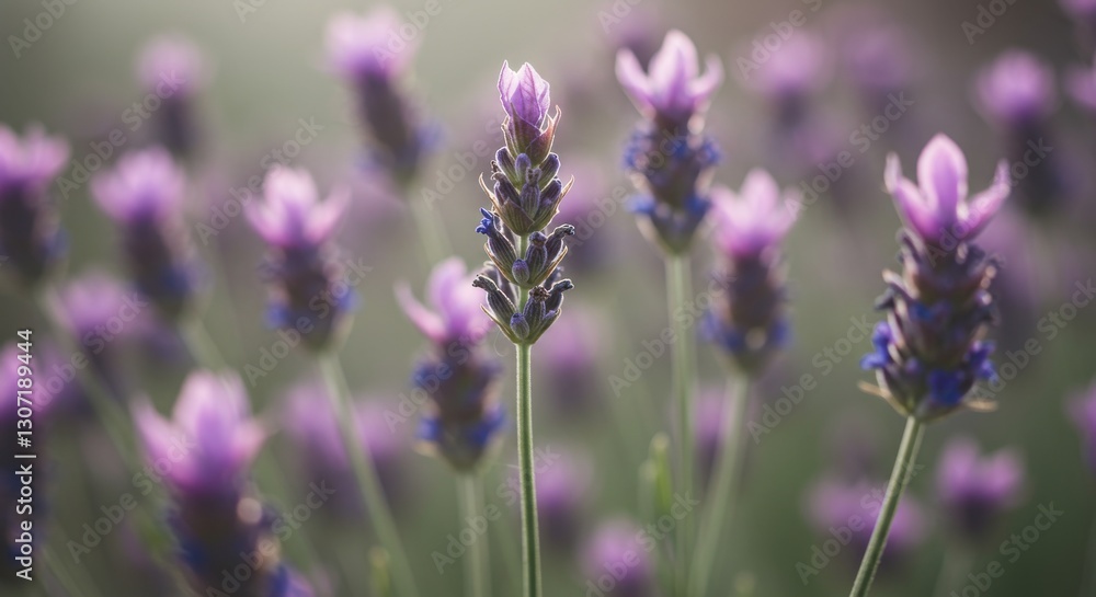 Close-up of blooming lavender flowers in a serene garden setting, soft focus Close-up of blooming lavender flowers in a serene garden setting, soft focus