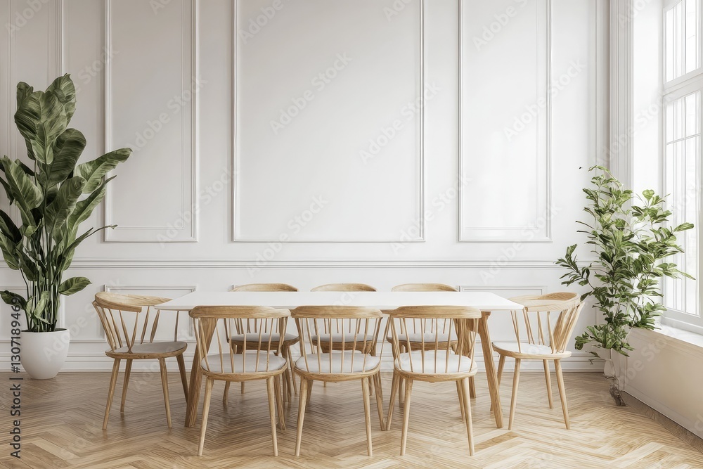 Stylish dining room with modern white table. AI generated illustration. Stylish dining room with modern white table. AI generated illustration.
