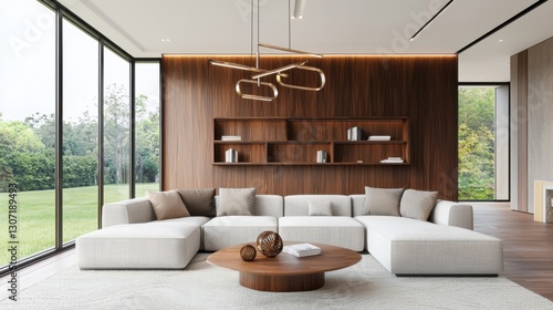 Scandinavian Japanese living room, deep walnut walls, oversized modular sofa, floating wooden shelves, sculptural bronze chandelier, recessed soft lighting