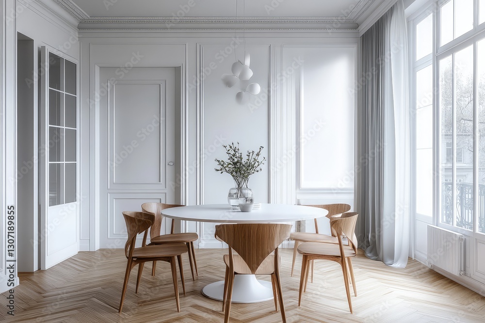 Fototapeta premium Stylish dining room with modern white table. AI generated illustration.