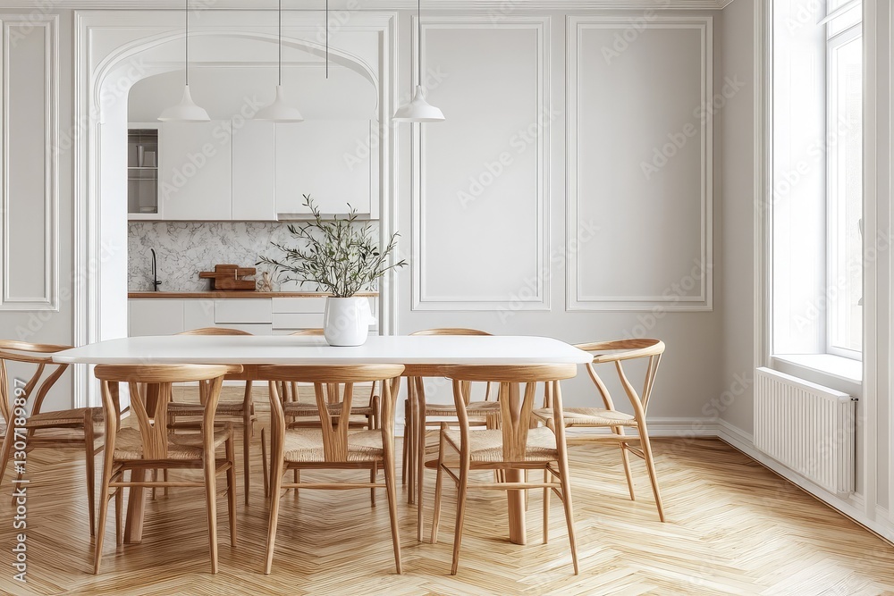 Fototapeta premium Stylish dining room with modern white table. AI generated illustration.