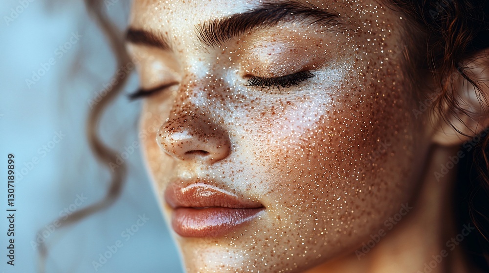 Fototapeta premium Close-up of a woman's face with freckles and glitter.