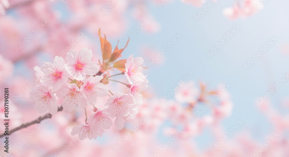 Delicate cherry blossoms bloom against a soft blue sky in springtime Delicate cherry blossoms bloom against a soft blue sky in springtime