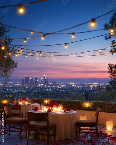Romantic Rooftop Café Overlooking Los Angeles Skyline at Twilight