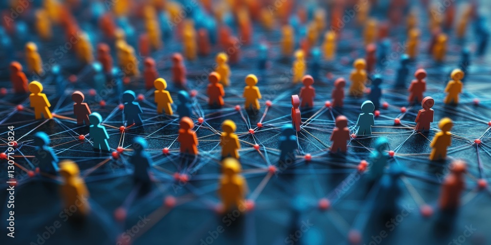 Fototapeta premium business networking graphic of Human figures in bright colors interconnected by lines, emphasizing relationships and individuality in a broader network.