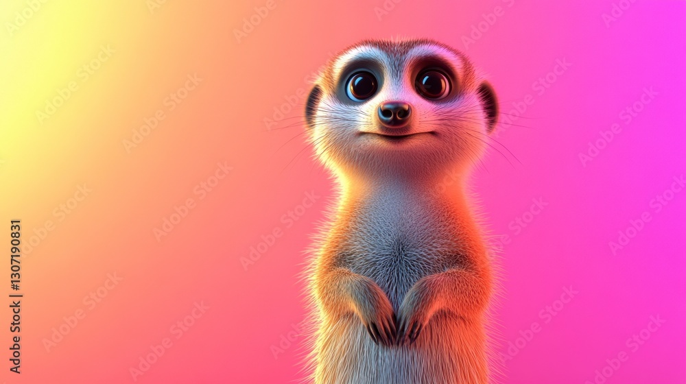 Fototapeta premium Adorable Cartoon Meerkat 3D Render with Pink and Orange Gradient Background