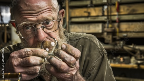 Artist Carefully Inspecting Delicate Translucent Glass Sculpture