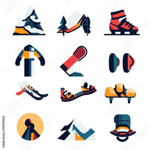 Winter sports gear illustration of mountains, skates, skis and snowboard