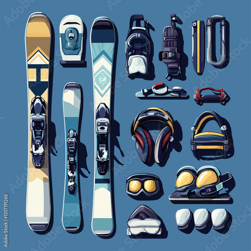 Skiing Equipment Set Isolated on Blue Background with Modern Style Graphics