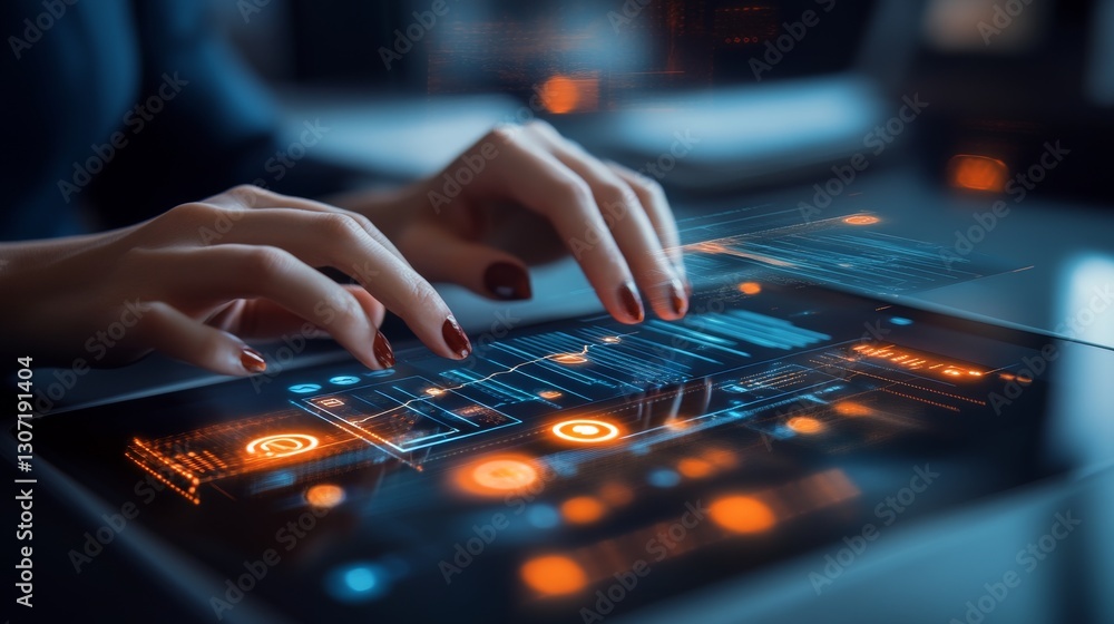 Fototapeta premium Hands Interacting with Futuristic Digital Touchscreen Display